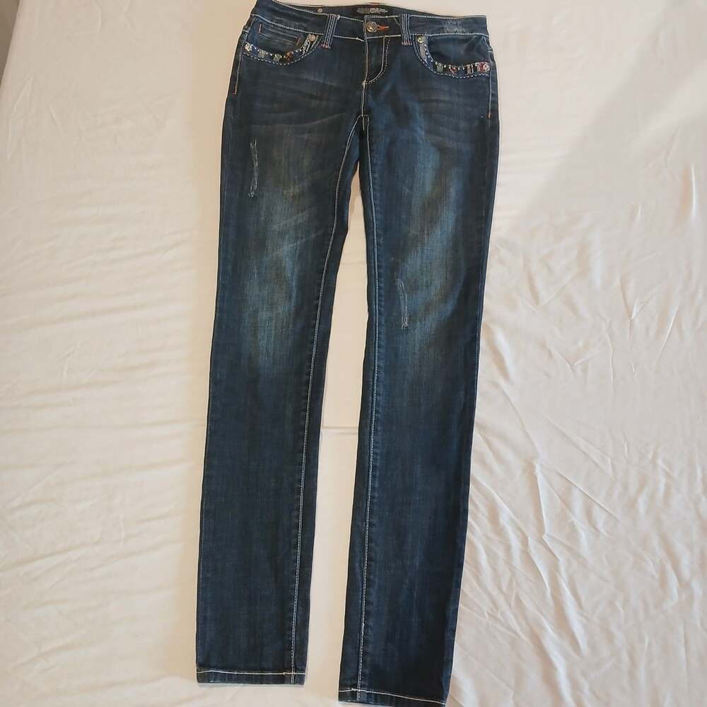 Cello Jeans Women Size 9 Dark Wash Embroidered Y2K Slim Skinny Jeans